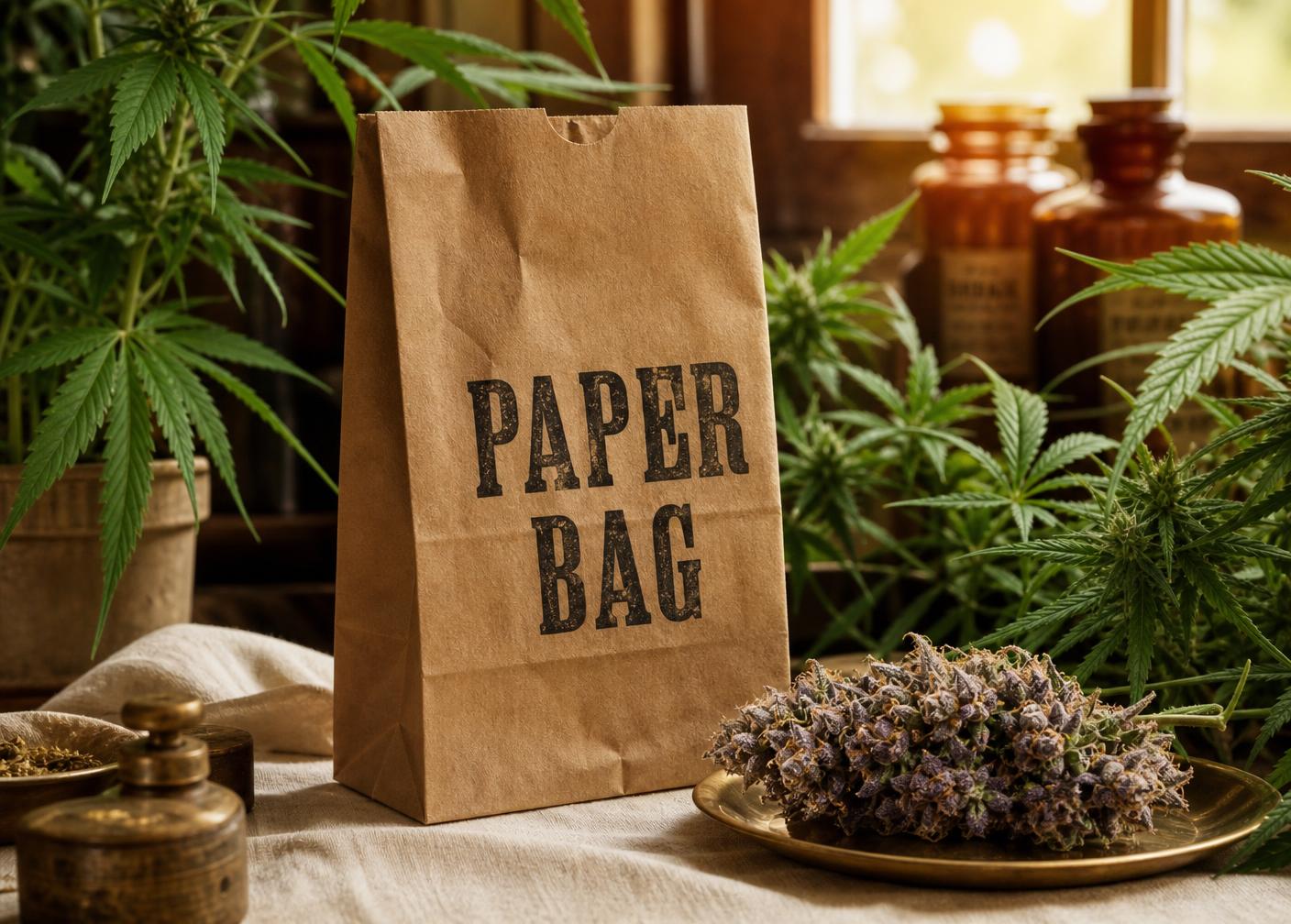 Paper Bag branded kraft bag surrounded by cannabis plants and a purple bud on a brass tray