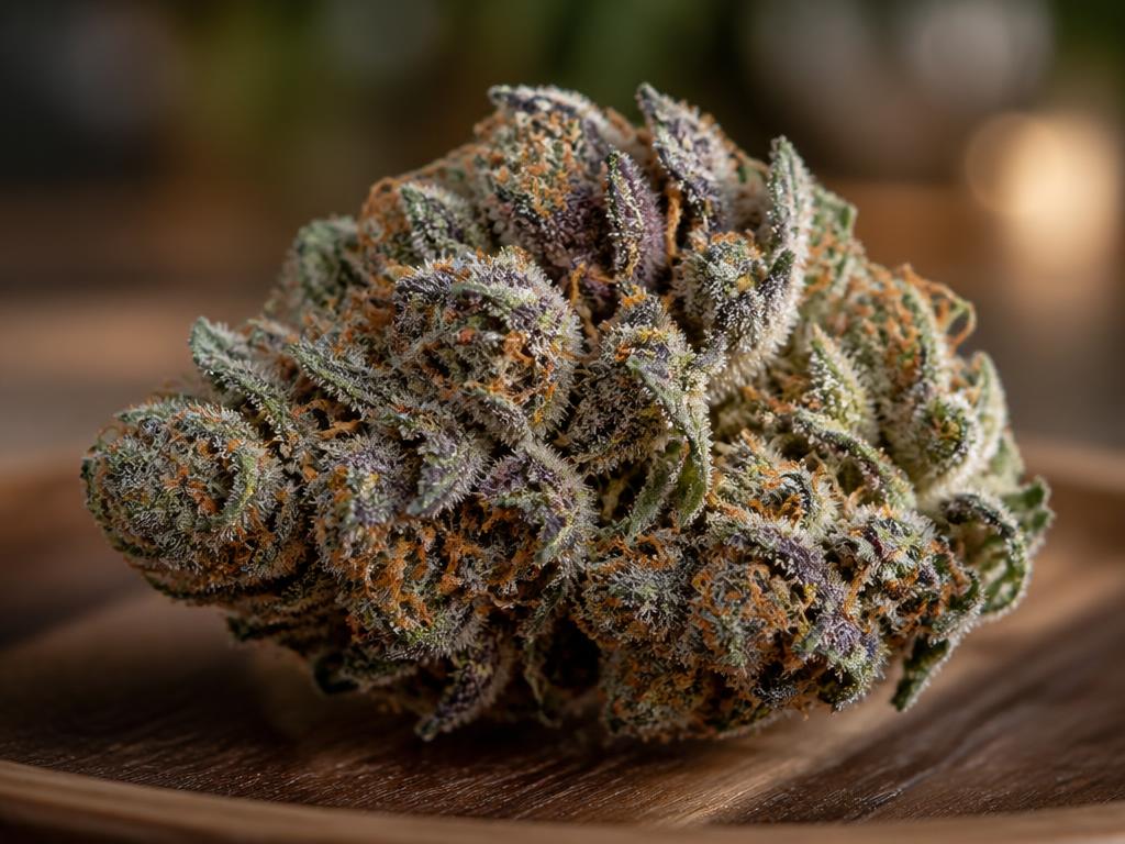 Dense hybrid cannabis bud on a wooden tray