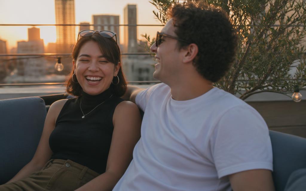 Two friends laughing together on a rooftop at sunset